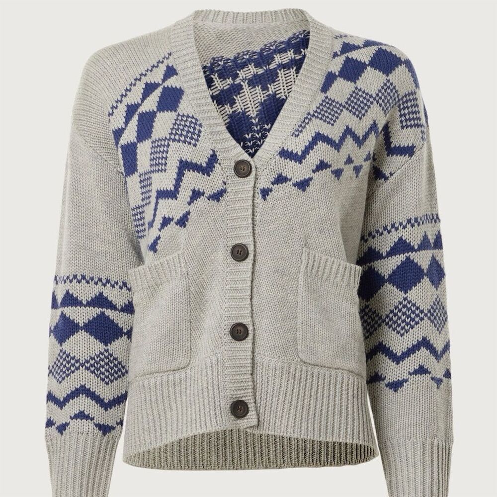 Derek Lam 10 Crosby Women's Fair Isle V-Neck Cardigan Sweater Size XS Blue Gray